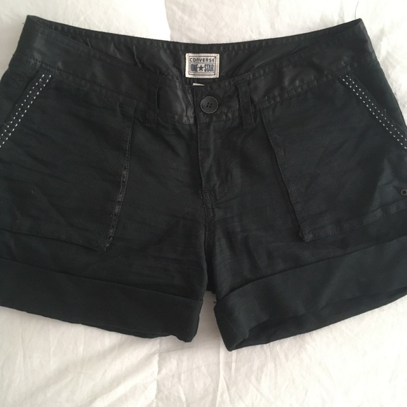 Converse One Star Size 4 Black/Satin Trim Linen Shorts - Picture 1 of 10